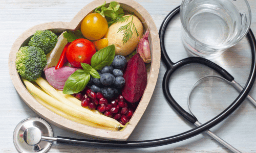 Healthy food in heart diet concept with stethoscope