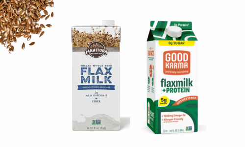 picture of Manitoba and Good Karma Flax milk with a white background and flaxseeds in the top lefthand corner. High protein plant-based milk.