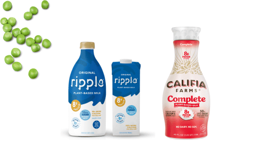 Picture of Ripple pea milk in a bottle and carton and Califia Farms Complete pea milk with a white background and peas in the left-hand corner. High protein plant-based milk. Veg Out With Maria