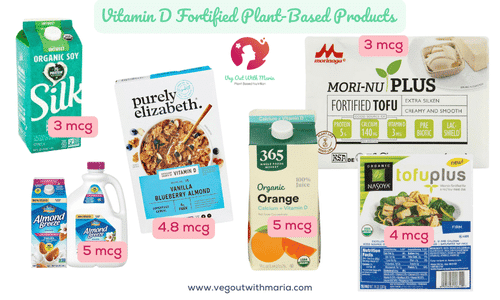 vitamin d fortified plant-based products. Picture of soy milk, tofu, almond milk, cereal, and orange juice. Plant-Based Vitamin D Sources. Veg Out With Maria