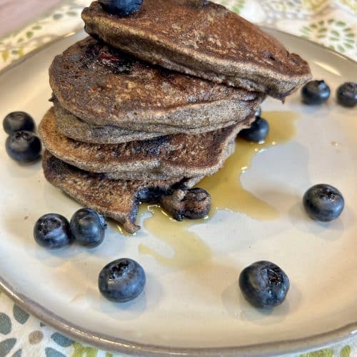 Buckwheat Protein Pancakes with blueberries and maple syrup