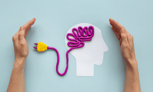 Human brain shape with hands. Mental health and care. Creatine and brain health.