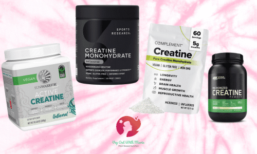 picture of different creatine supplements with a pink tie-dye background. Veg Out With Maria