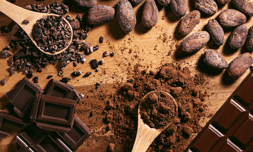 Chocolate bar, cocoa powder, cacao beans and nibs, heap in wooden spoons, chocolate background. Dark chocolate and menopause.
