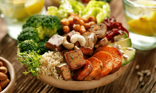 picture of a buddha bowl representing a balanced plant based meal.